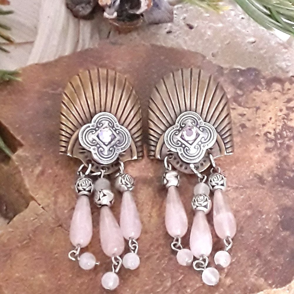 Deco Inspired Antique Brass & Silver w Natural Rose Quartz Dangle Post Earrings